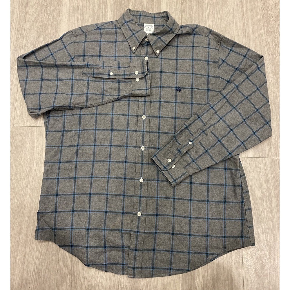 Brooks Brothers Men XL Regent Flannel Shirt Long Sleeve Gray Blue Plaid XL